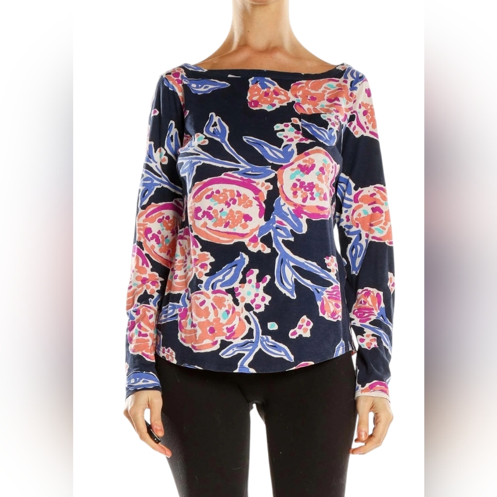 Lilly Pulitzer Talia Top Women Medium Navy Floral Resortwear Beach Comfy Coastal - Picture 15 of 15